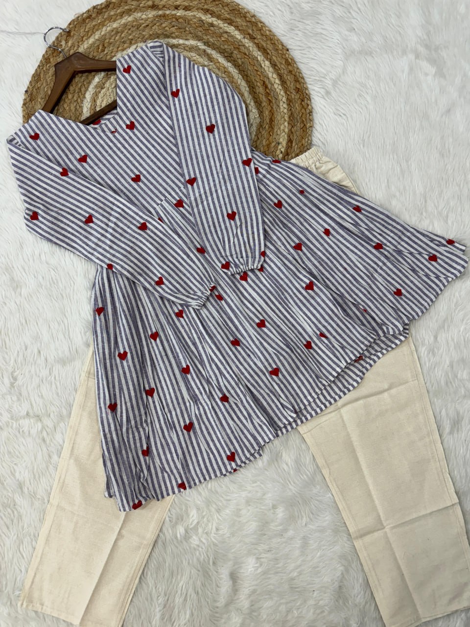 Lorenvalley Fashion Skyblue Cotton with Heart Embroidered work Top Bottom Set