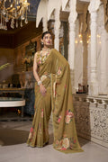 Vastranavya Brown Spectacular Georgette Printed with Pearl Lace Saree with Unstitched Blouse