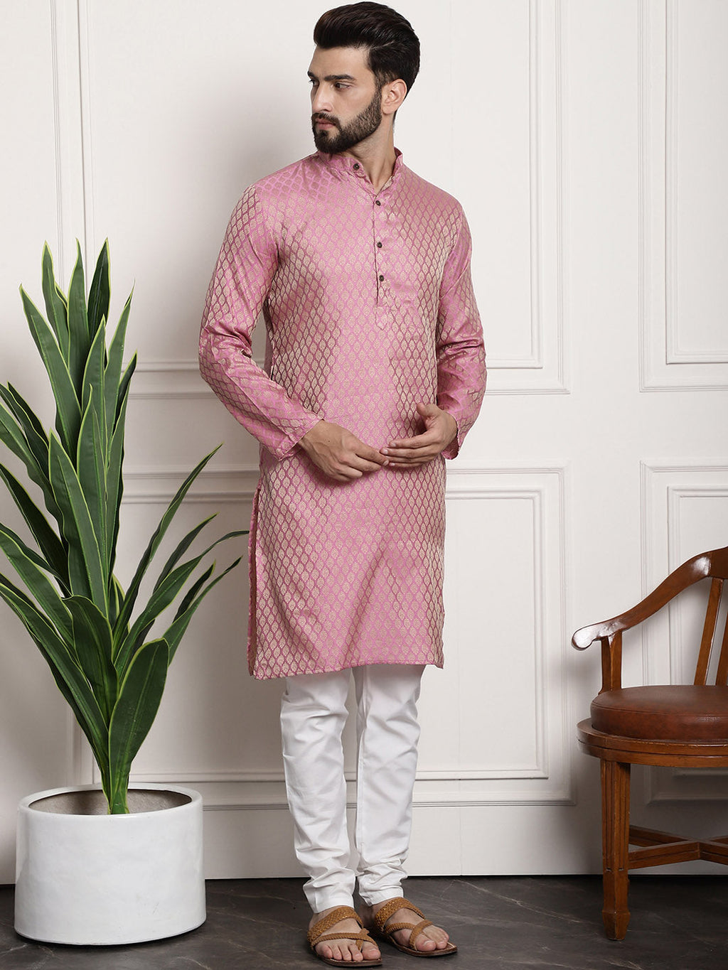 Sojanya Men Pink & Off-White Woven Design Kurta with Churidar