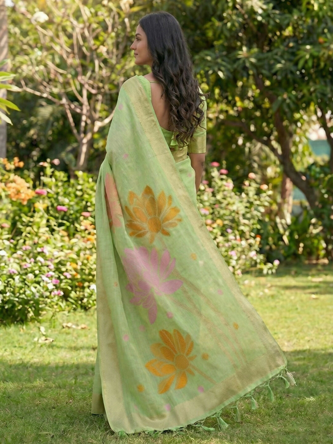Shree Shyam Fashion Green Linen Cotton Saree