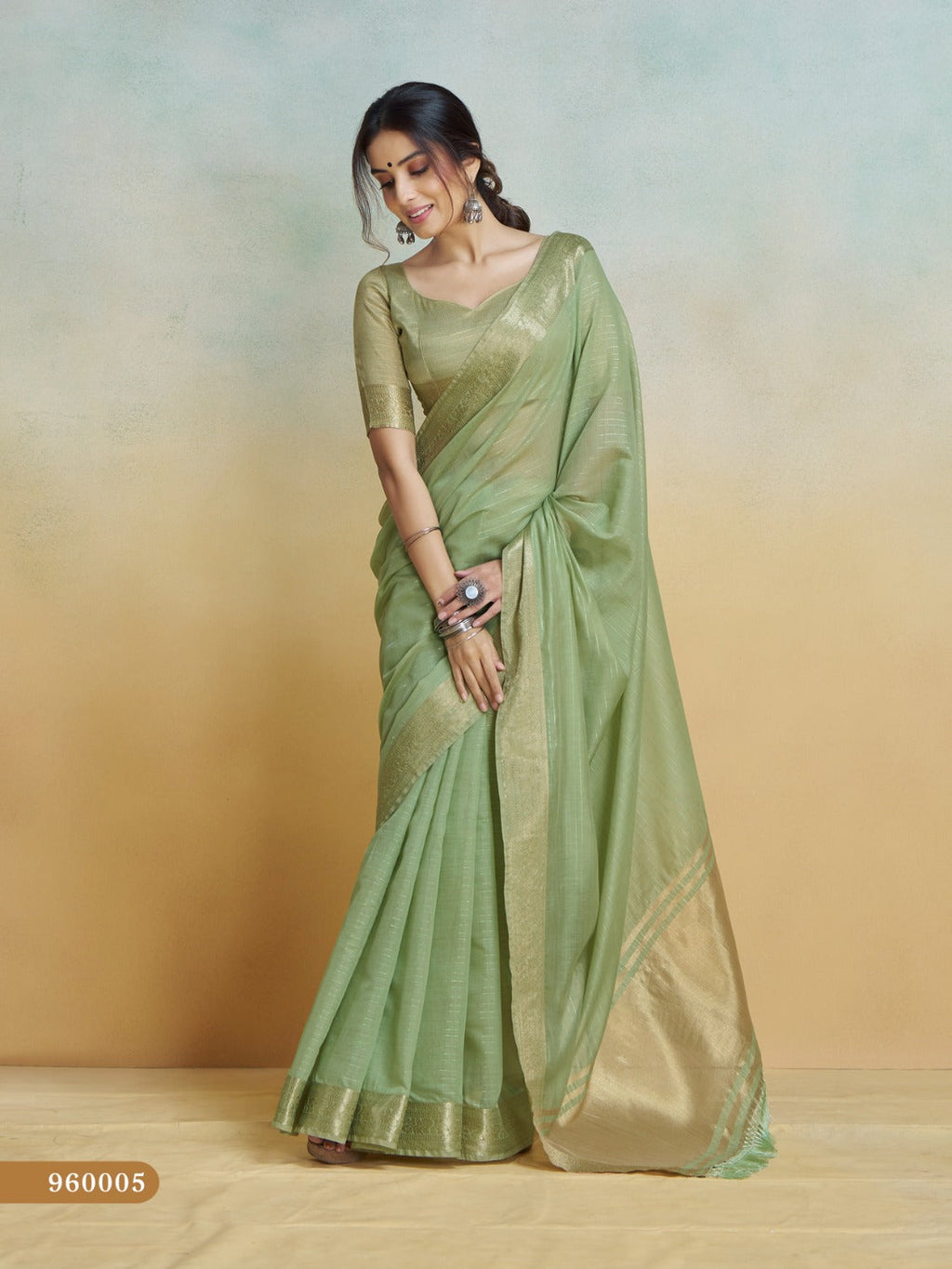 Anaita Olive Handloom Khadi Silk Zari Woven Work Saree With Blouse Piece