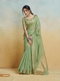 Anaita Olive Handloom Khadi Silk Zari Woven Work Saree With Blouse Piece
