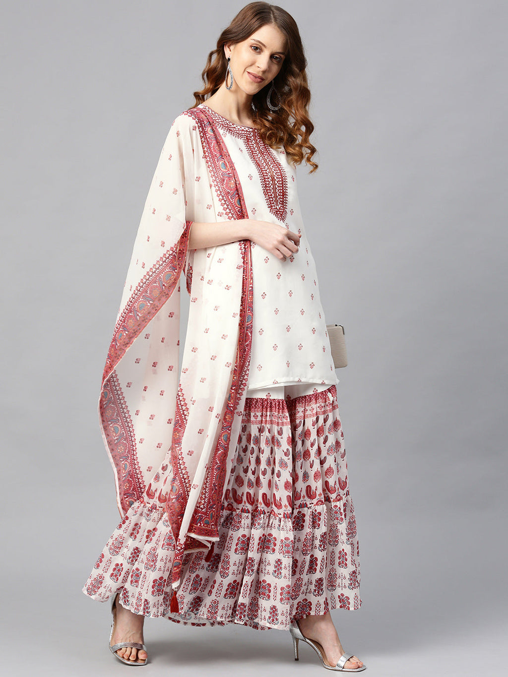 Juniper Womens Maroon Embroidered And Printed Kurta Sharara Dupatta Set