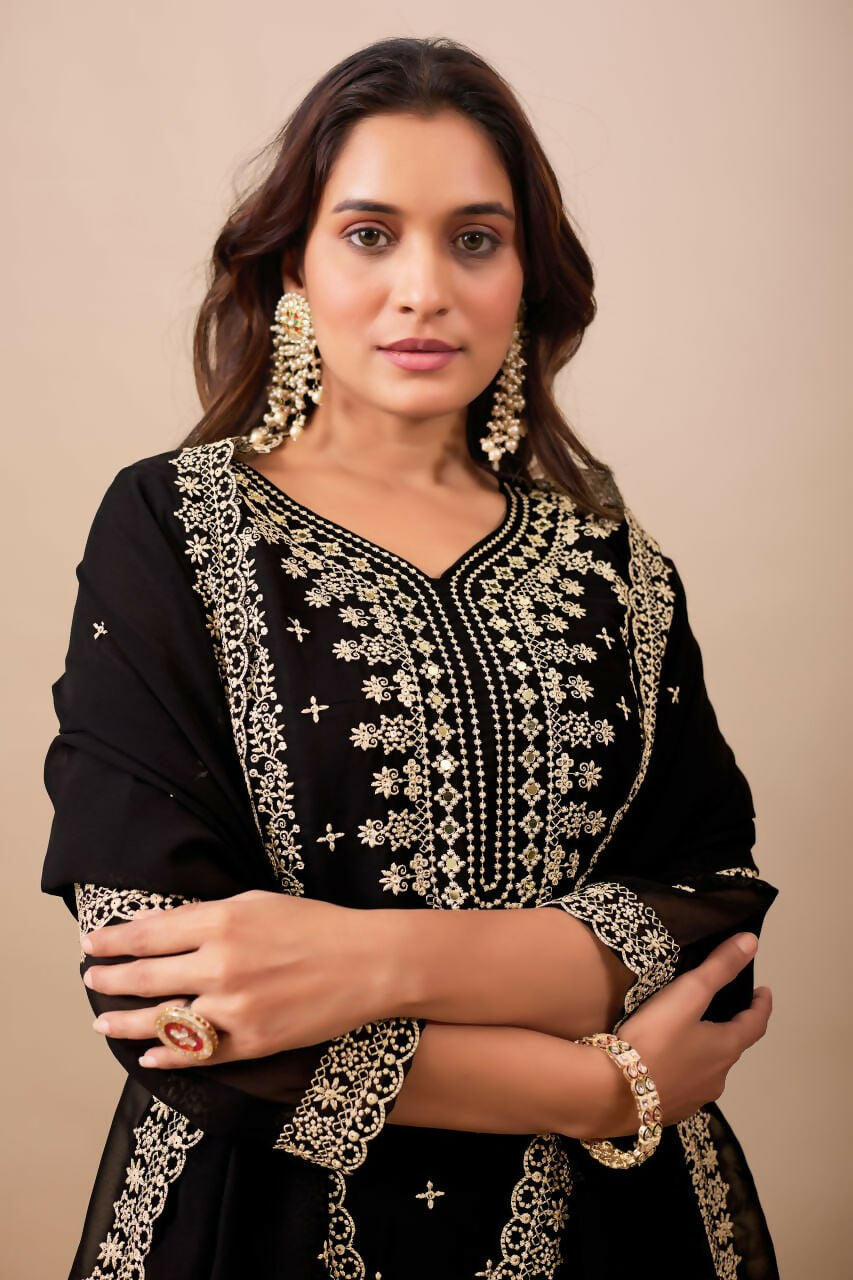 Joban Fashion Black Kurta Set Velvet Embroidery Sequence Work