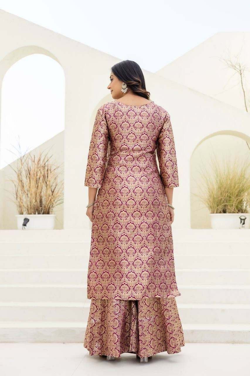 Joban Fashion Peach Jacquard Embroidered Sharara Set