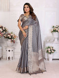 Aastha Fashion Grey Organza Silk Weaving Saree