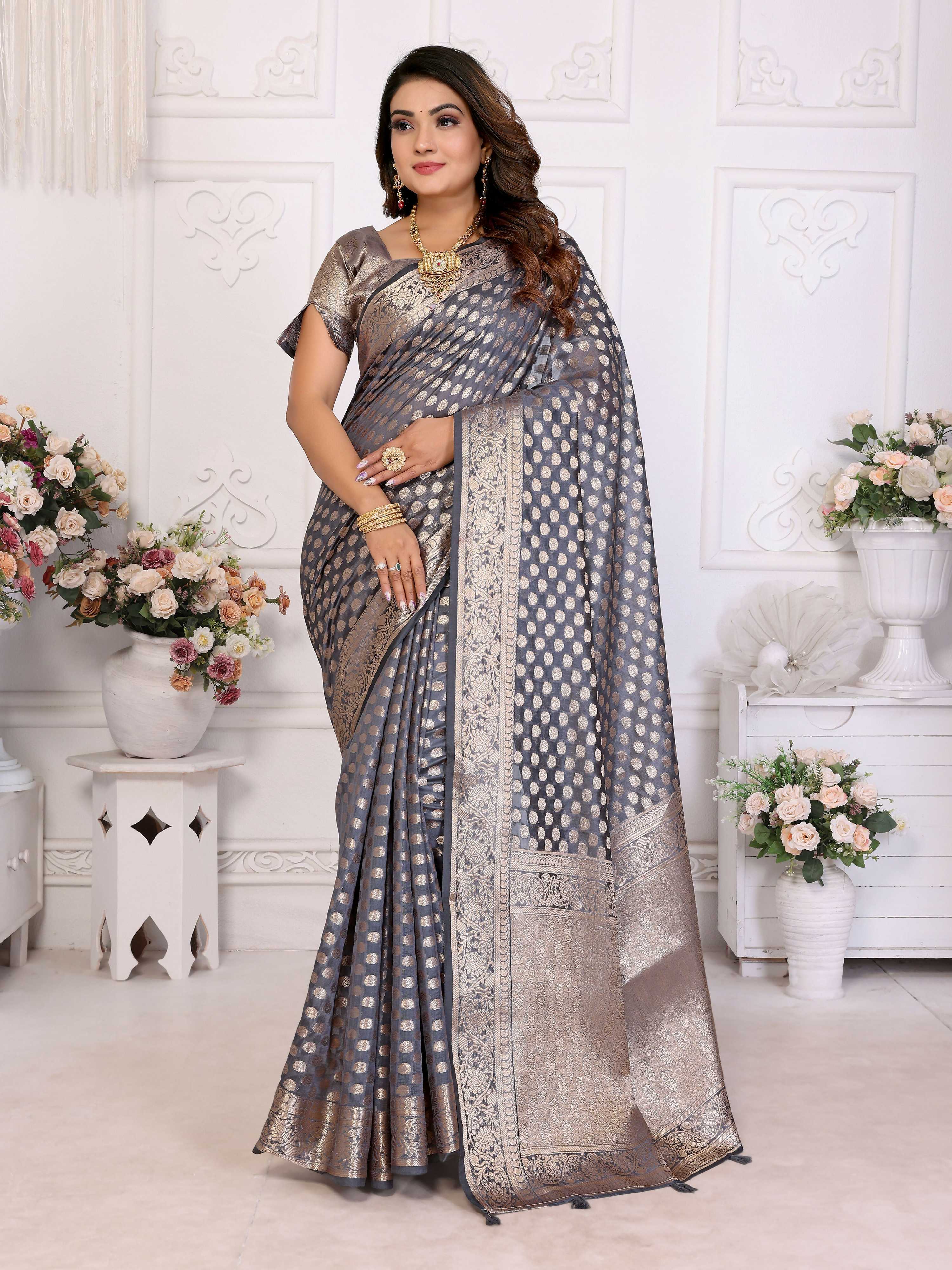 Aastha Fashion Grey Organza Silk Weaving Saree