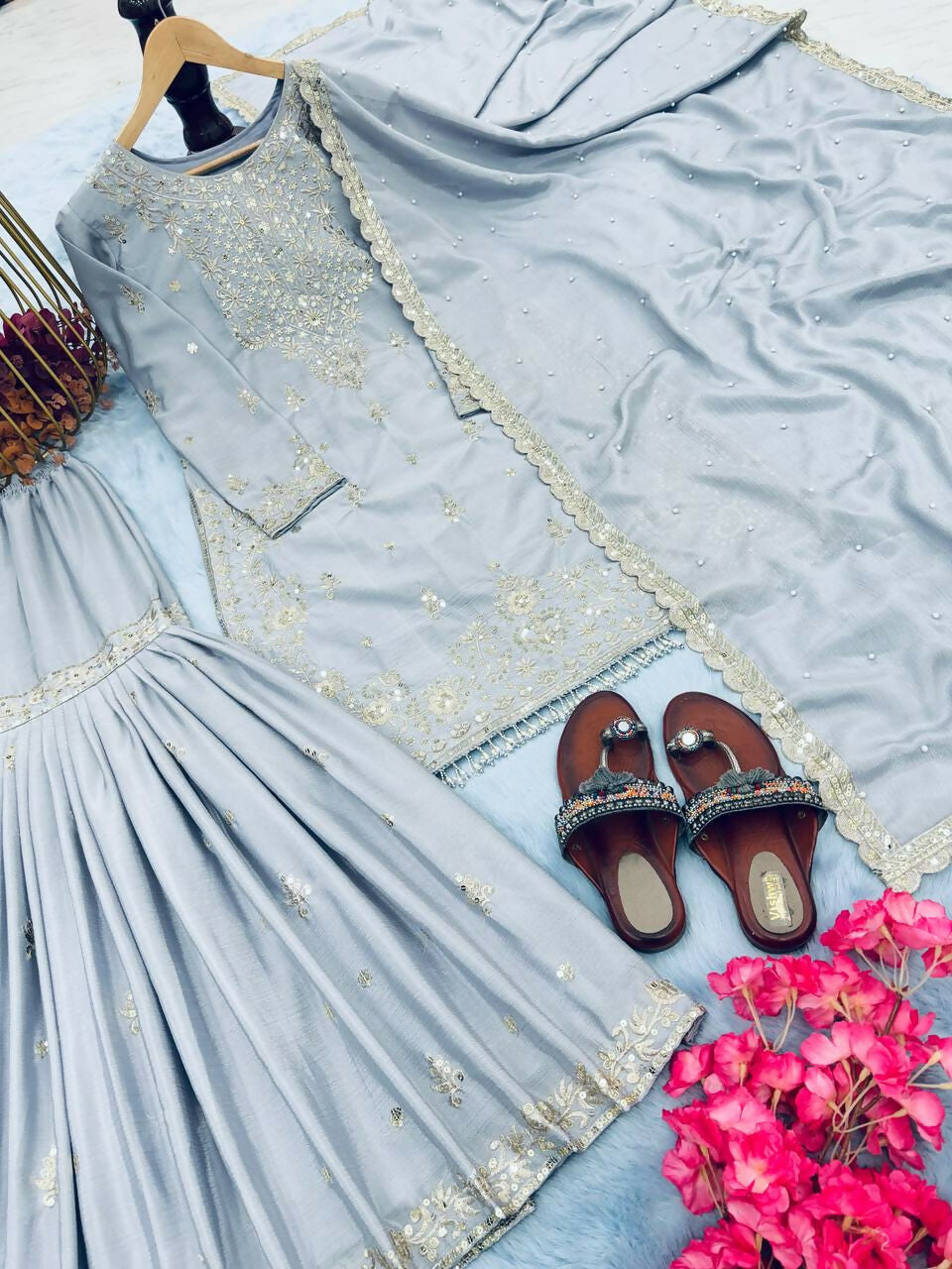 Teeya Creation Grey Color Chinnon Silk Embroidery Work Wedding Wear Salwar Suit