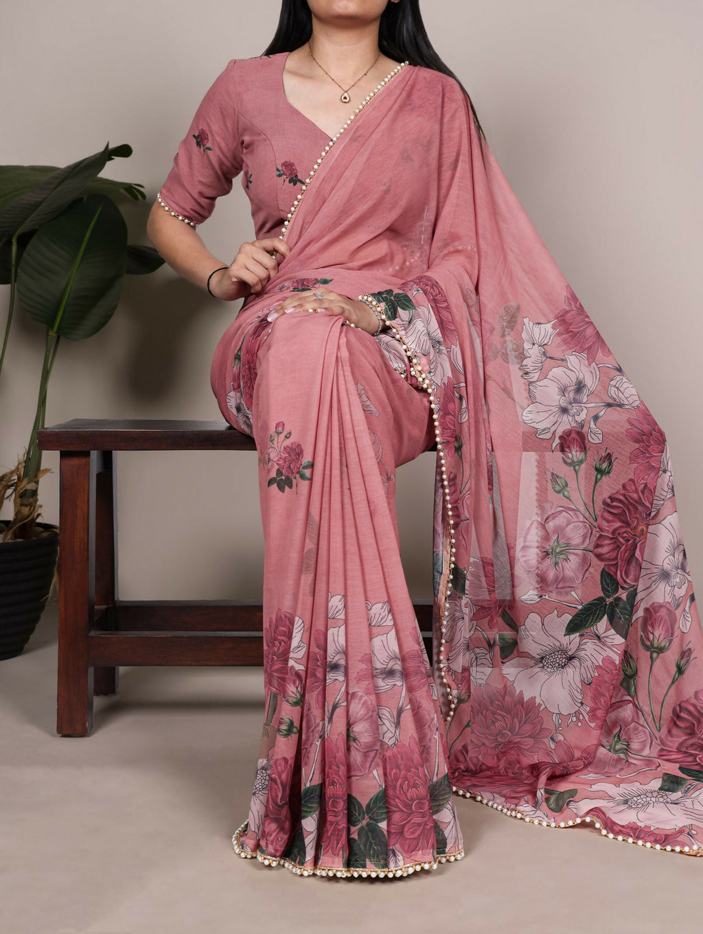 Vastranavya Peach Weightless Marble and Floral Printed Georgette Saree with Unstitched Blouse
