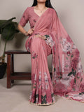 Vastranavya Peach Weightless Marble and Floral Printed Georgette Saree with Unstitched Blouse
