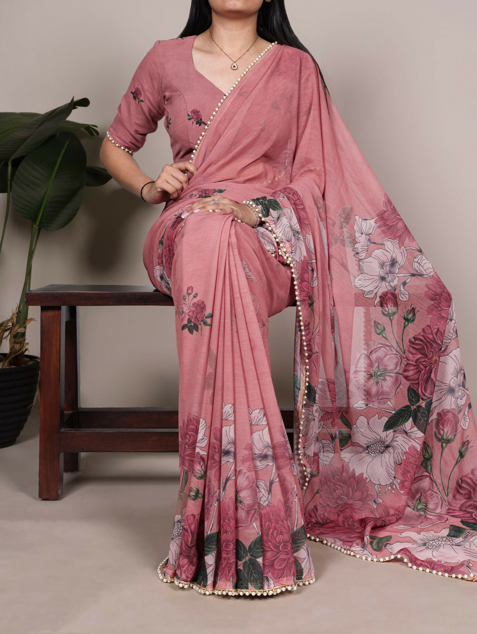Vastranavya Peach Weightless Marble and Floral Printed Georgette Saree with Unstitched Blouse