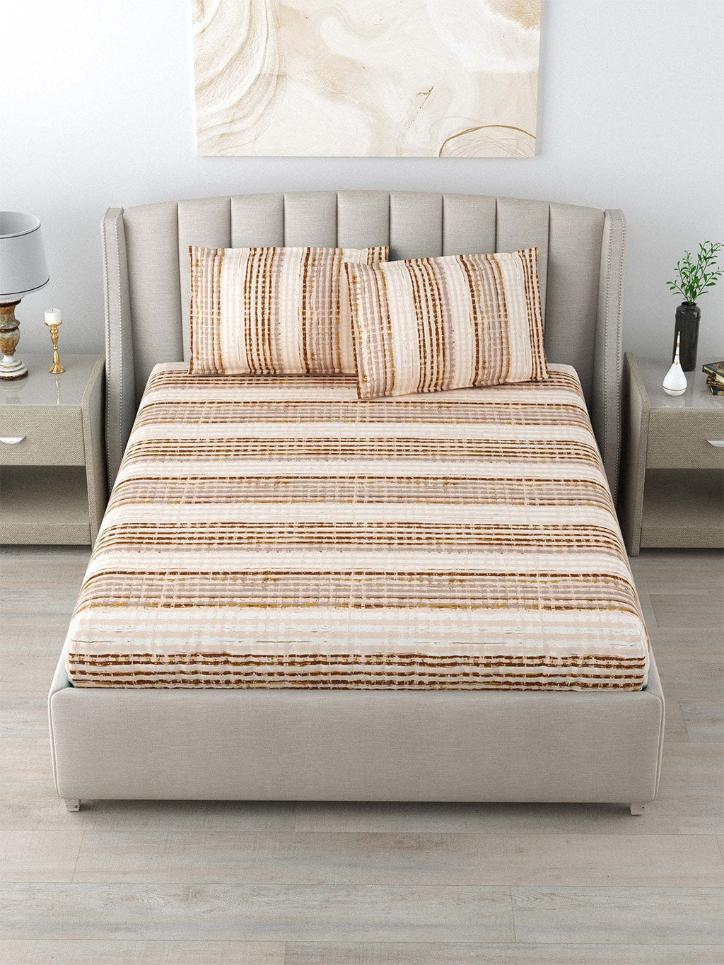 DREAM WEAVERZ Beige & Brown Striped Pure Cotton 220 TC King Bedsheet With 2 Pillow Covers