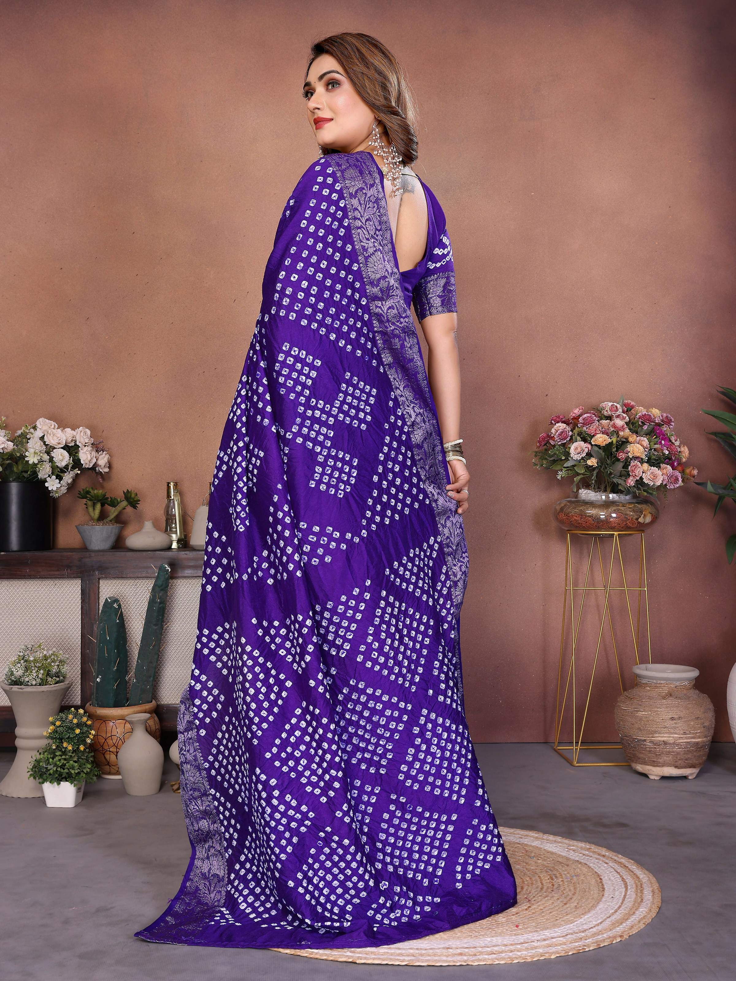 Aastha Fashion Purple Pure Dola Silk Handmade Original Bandhej Saree
