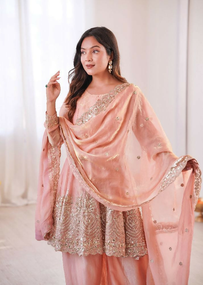 Teeya Creation Light Peach Color Fendy Satin Silk Embroidery Work Party Wear Salwar Suit
