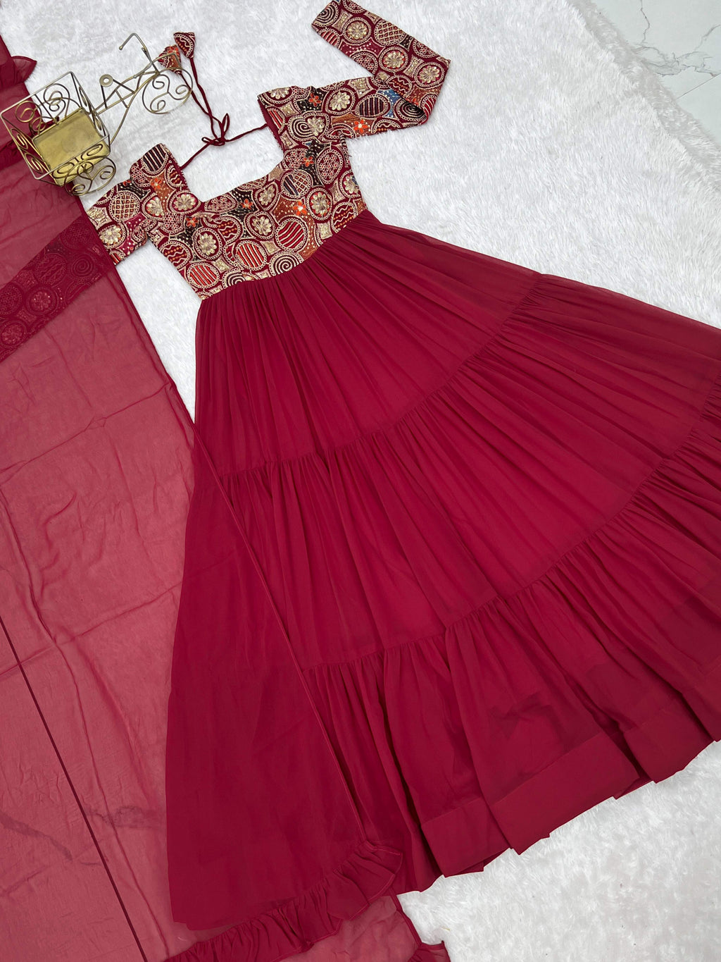 Evanik Women Maroon Festive Wear Embroidered Anarkali Kurta with Dupatta