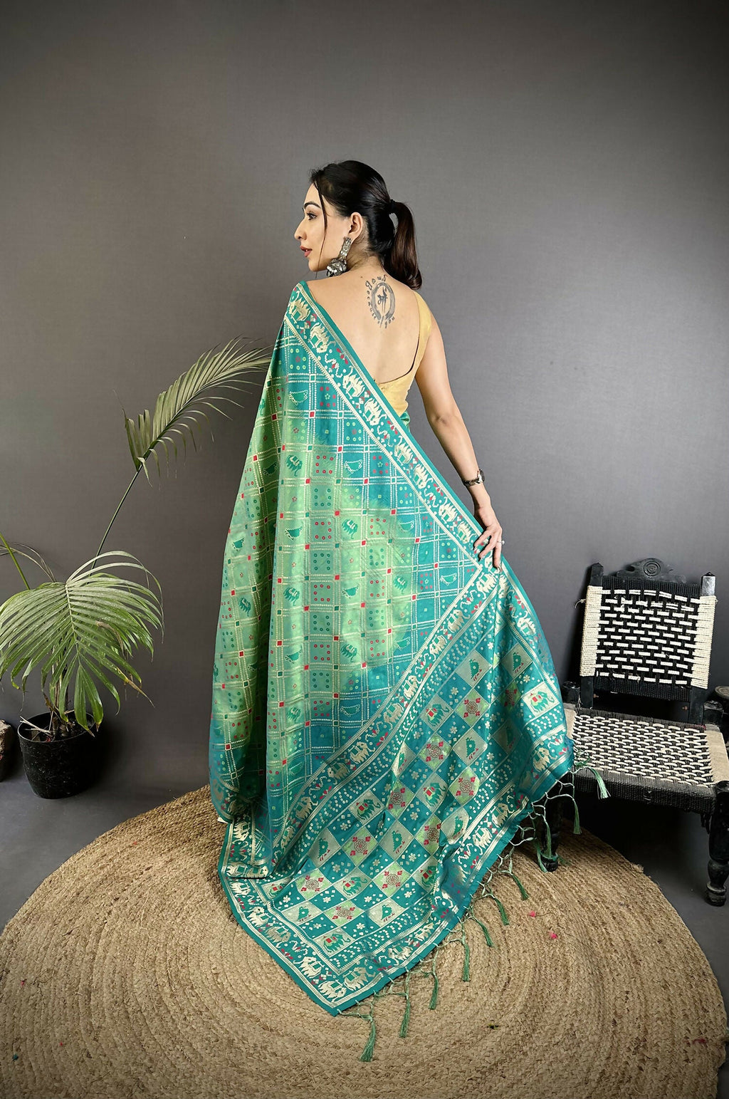 Joban Fashion Turquoise Geometric Pattern Soft Silk Patola Saree