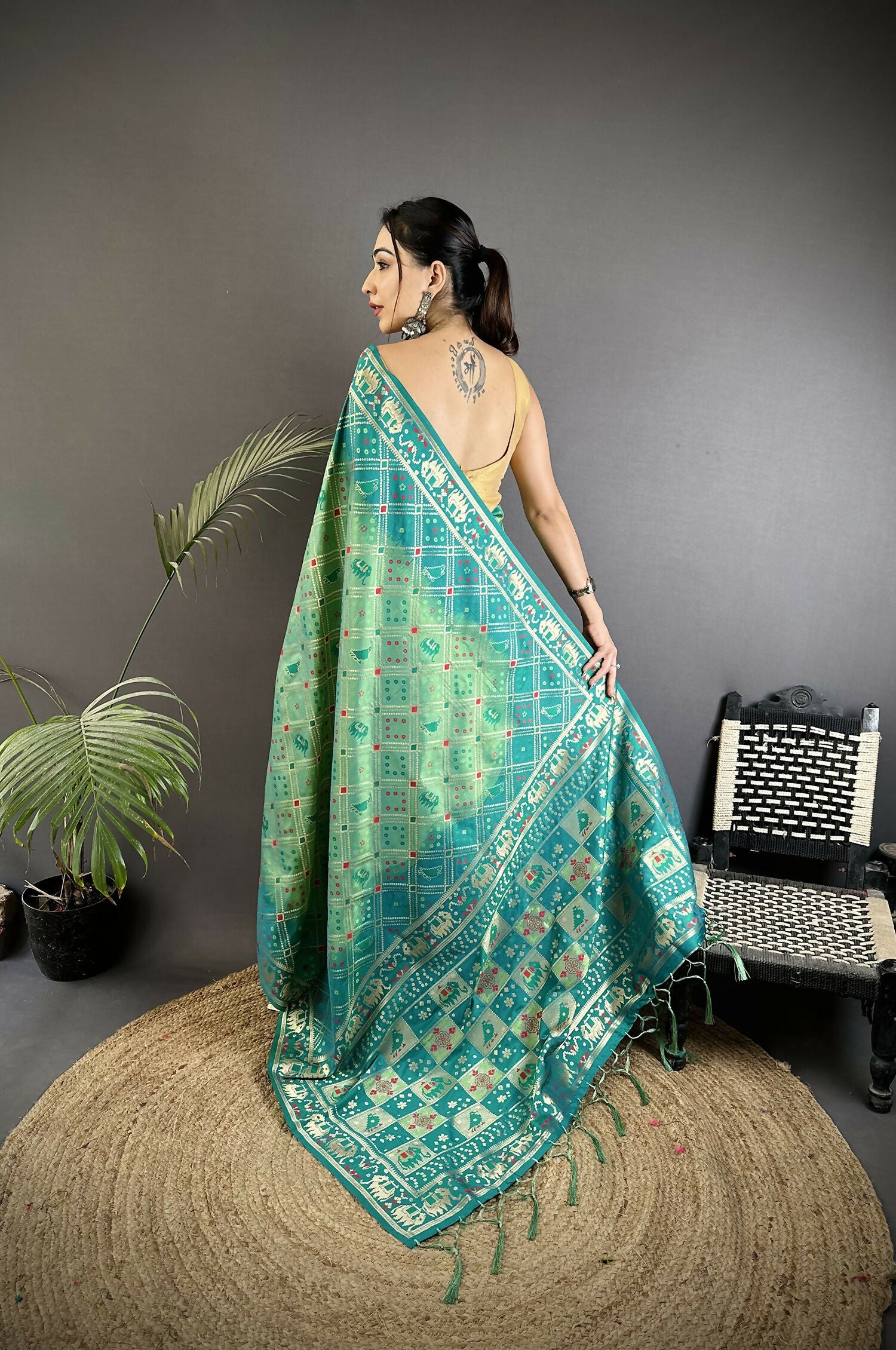Joban Fashion Turquoise Geometric Pattern Soft Silk Patola Saree