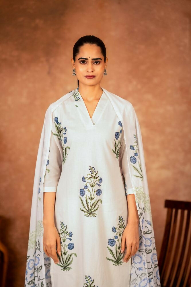 Joban Fashion Off White Blue Hand Block Printed Cotton Suit Set