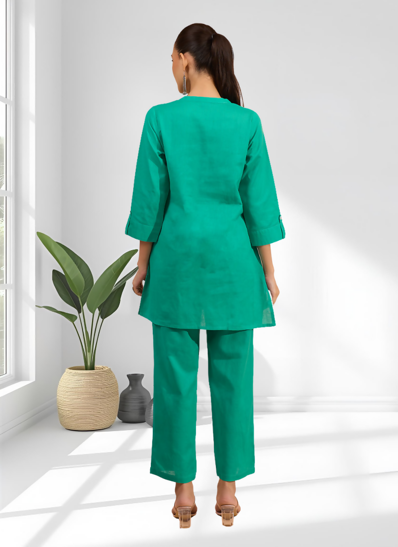 Joban Fashion Sea Green Cotton, Linen Embroidered Readymade Cord Set