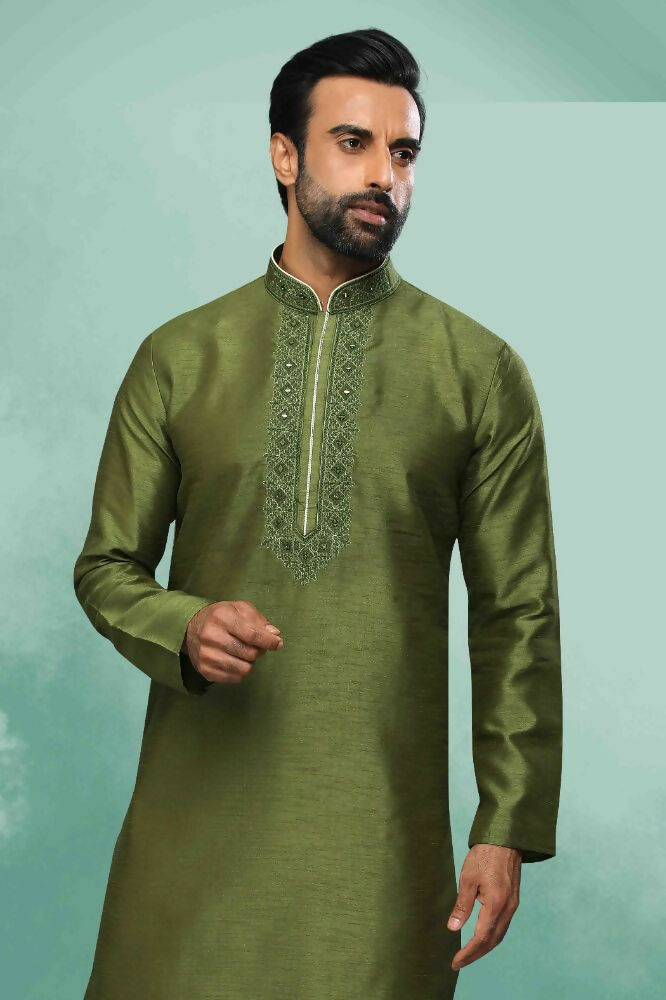 Raivat Ethnic Art Silk Mirror Embroidery Work Kurta Pajama In Green Colour