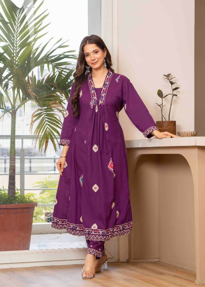 Jaimini Women Cotton Printed V-Neck 3/4 Sleeves Calf Length Flared Kurta Pant And Dupatta Set