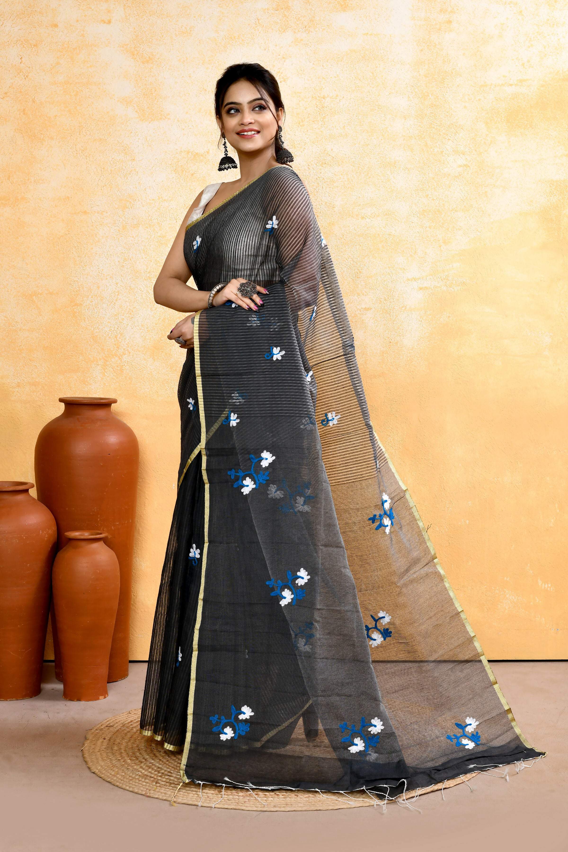 Piyari Fashion Women's Grey Embellished Cotton Blend Embroidery Saree