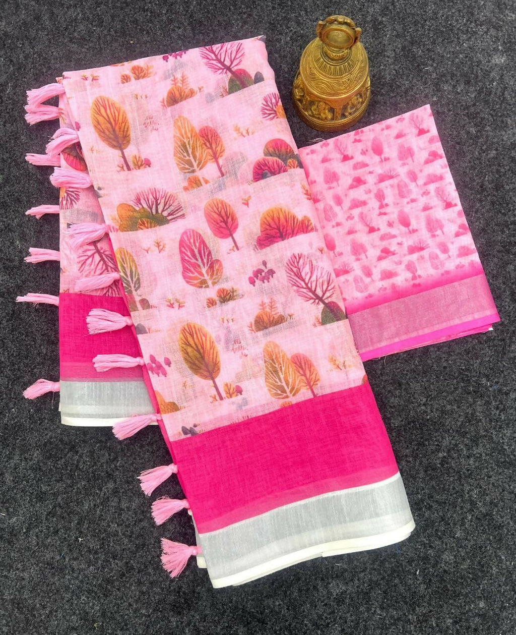 Prime Volt Linen Cotton Pink Printed Saree with Contrast Zari Border and Designer Blouse