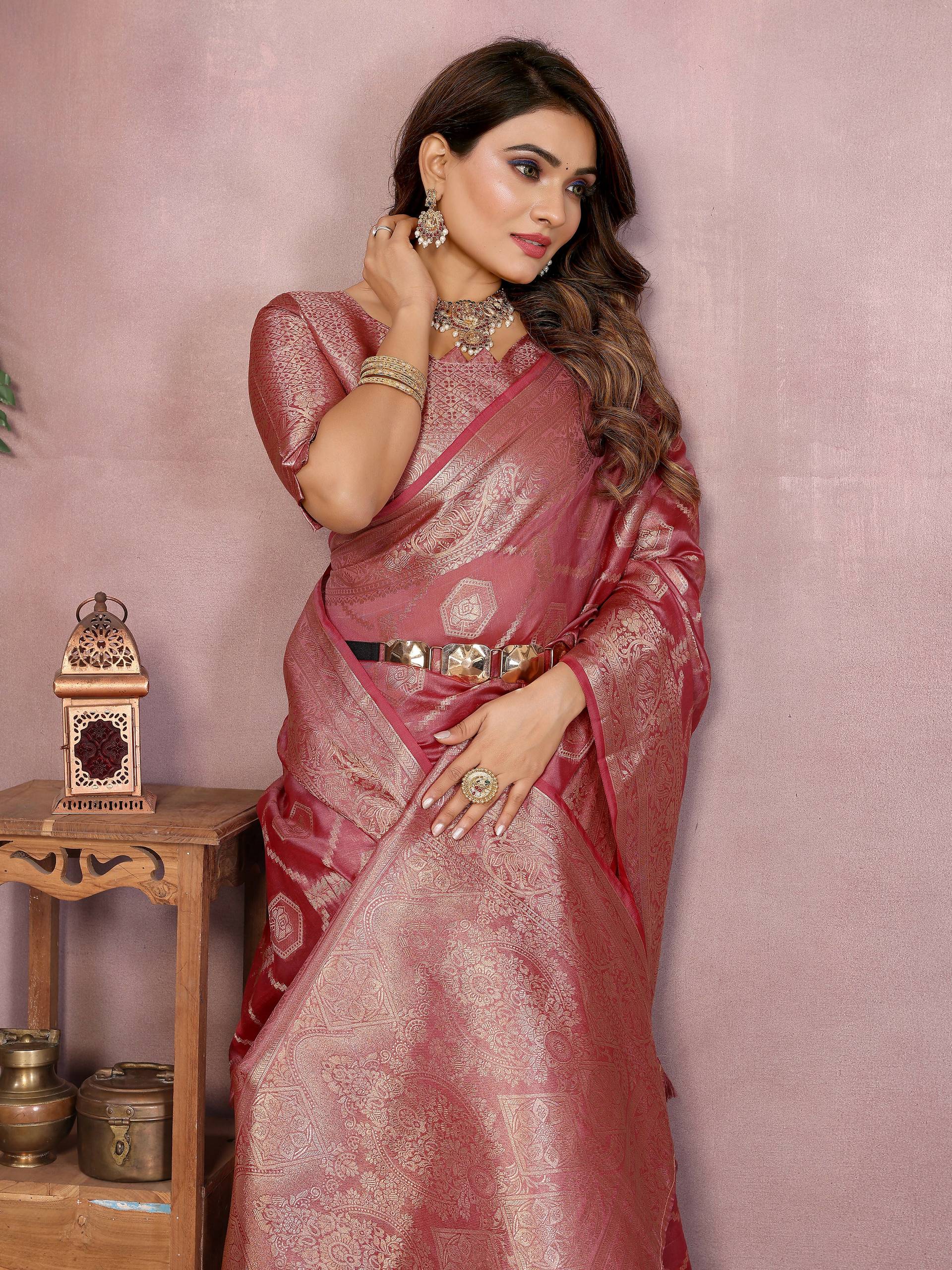 Aastha Fashion Dark Pink Soft Organza Silk Weaving Saree