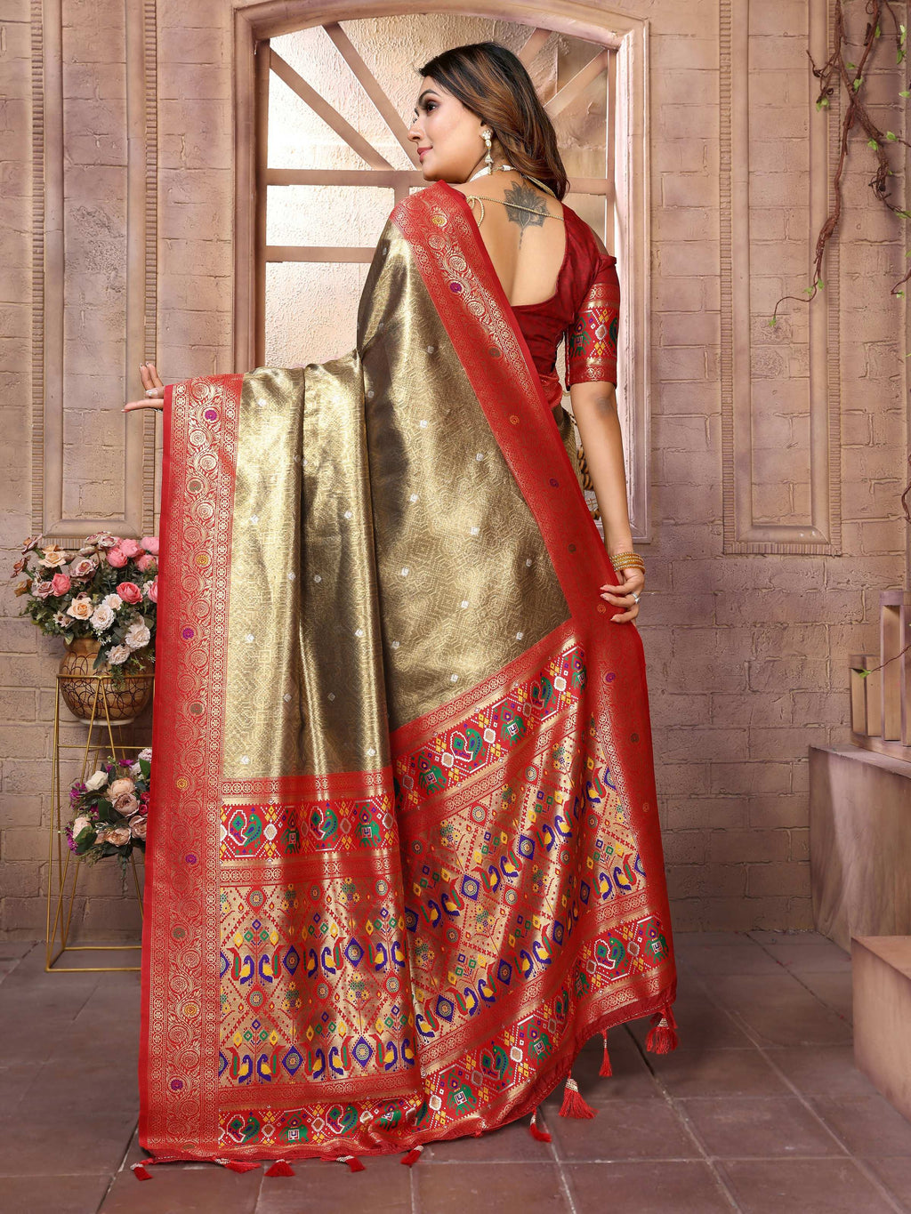 Aastha Fashion Brown Banarasi Tissue Silk Weaving Saree
