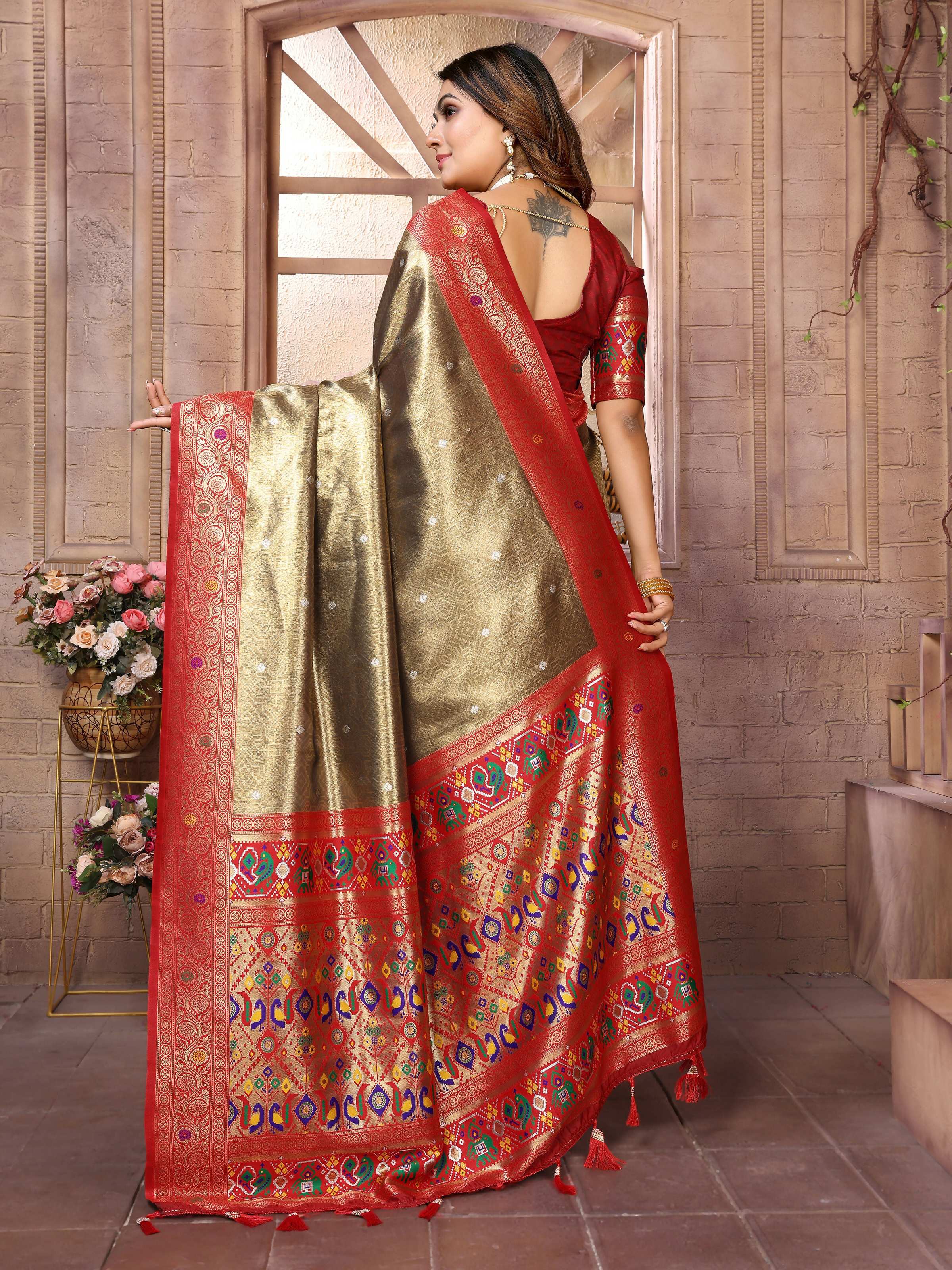 Aastha Fashion Brown Banarasi Tissue Silk Weaving Saree