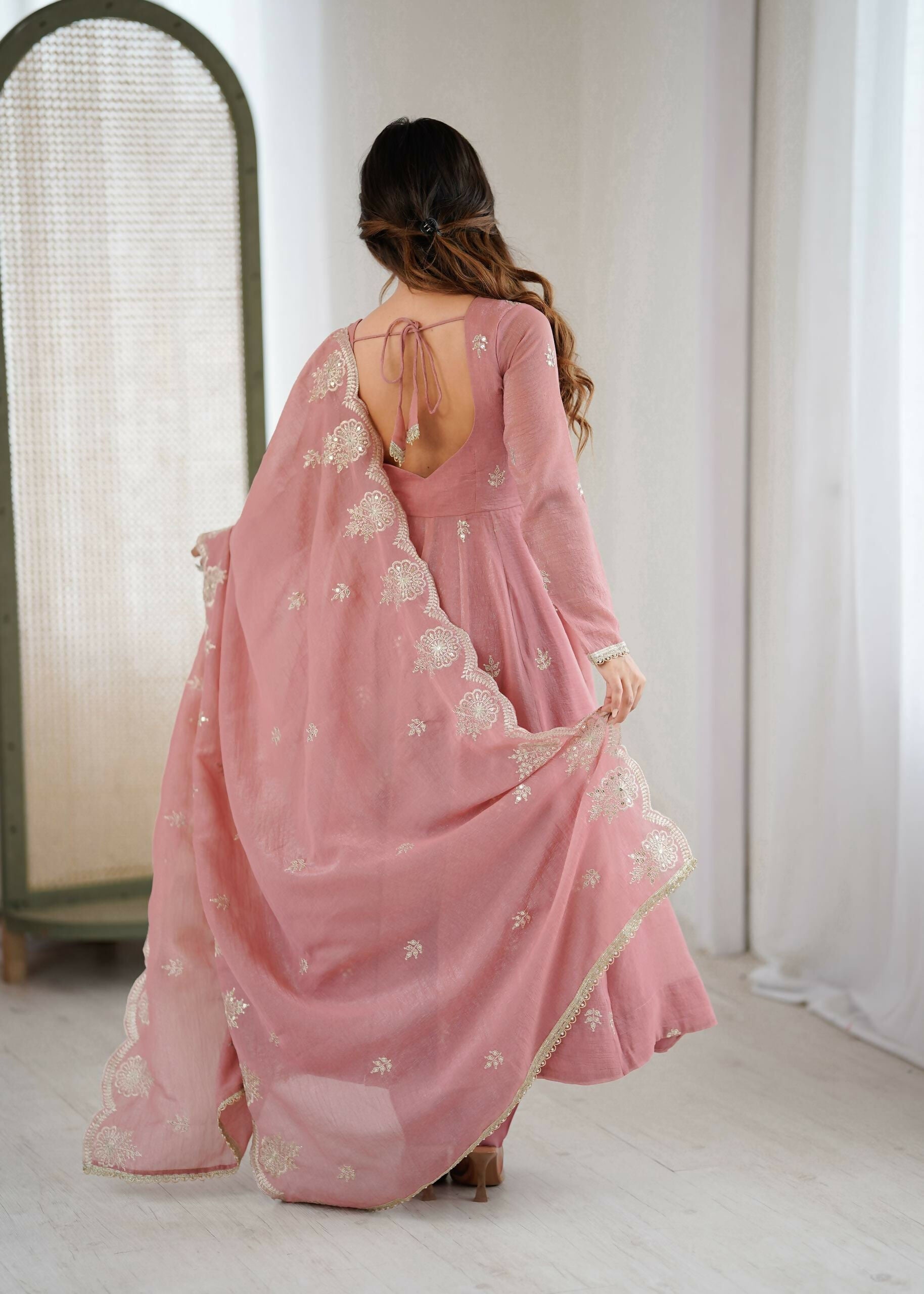 Teeya Creation Peach Color Crunchy Silk Embroidery Work Wedding Wear Gown