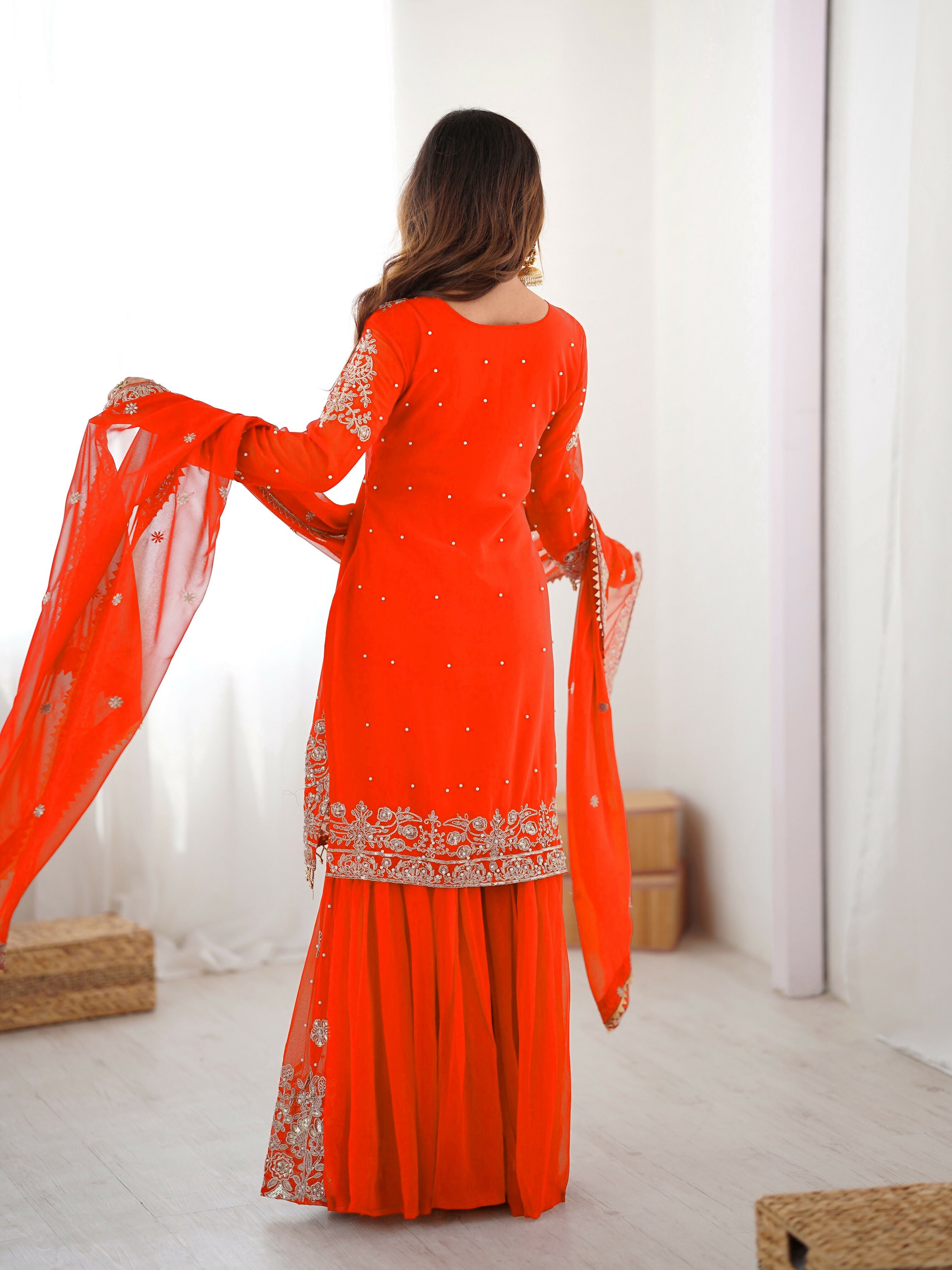 Lehenga Mart Designer Sharara Suit With Kurta, Sharara, Dupatta For Women-Orange