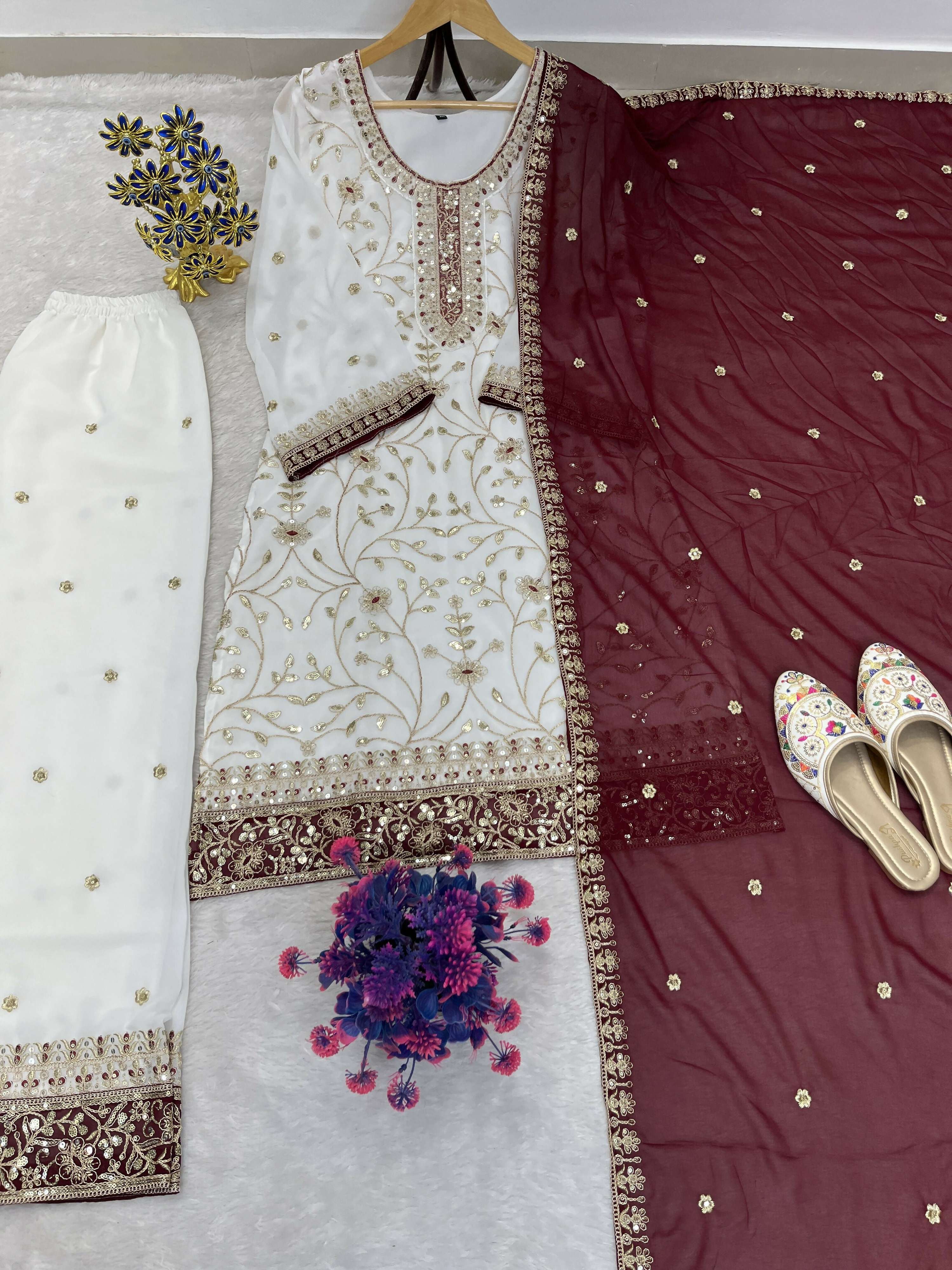 Teeya Creation White Color Faux Georgette Embroidery Work Long Party Wear Palazzo Suit