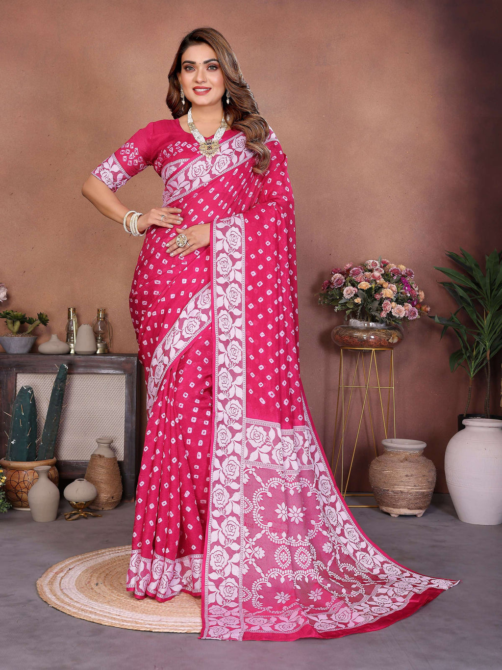 Aastha Fashion Pink Viscose Silk Handmade Original Bandhej Saree