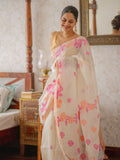 Prime Volt Women's Off-White Floral Digital Print Soft Linen Saree With Blouse