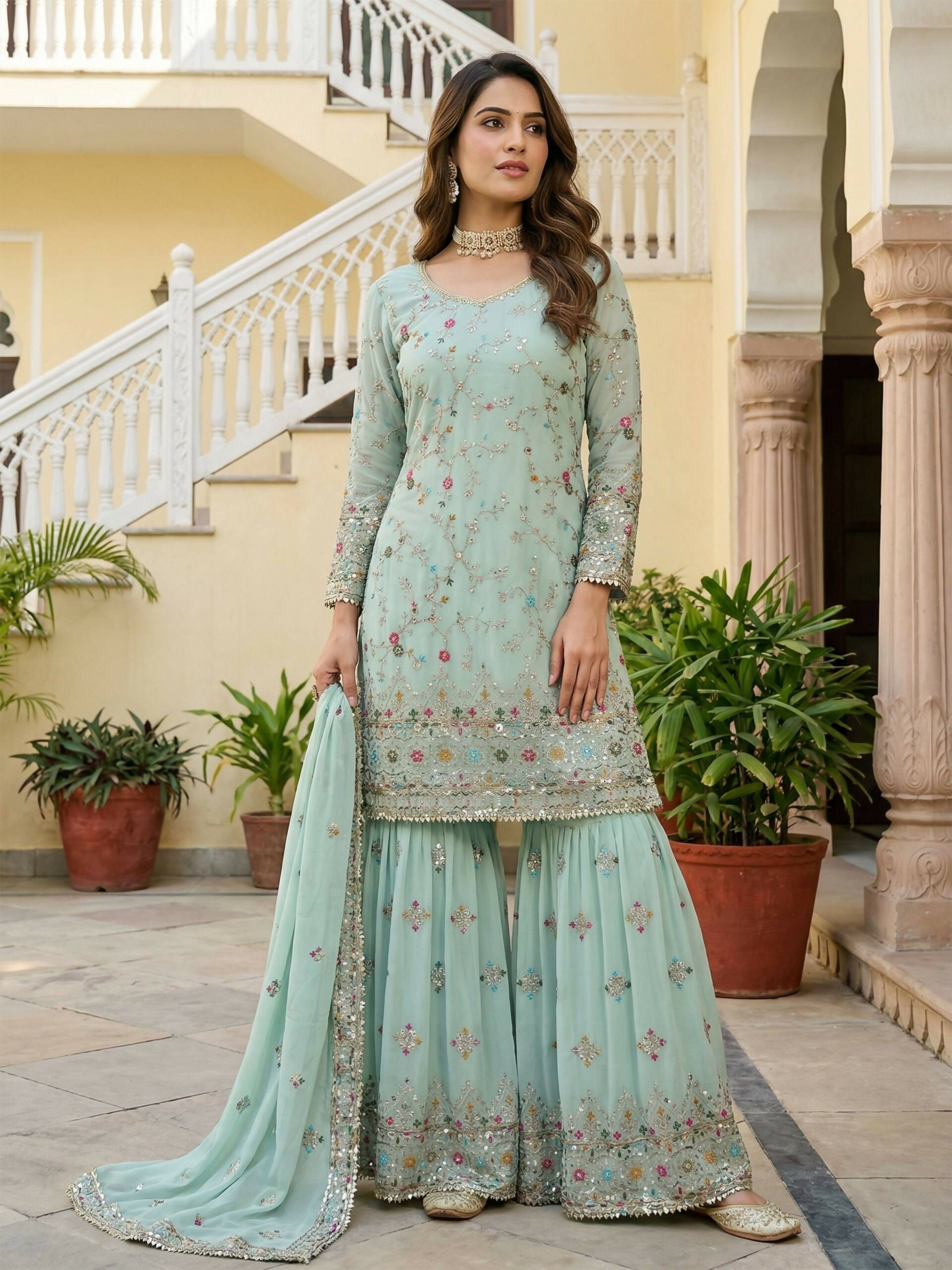 Teeya Creation Sky Faux Georgette Multi Thread Work Wedding Wear Sharara Set
