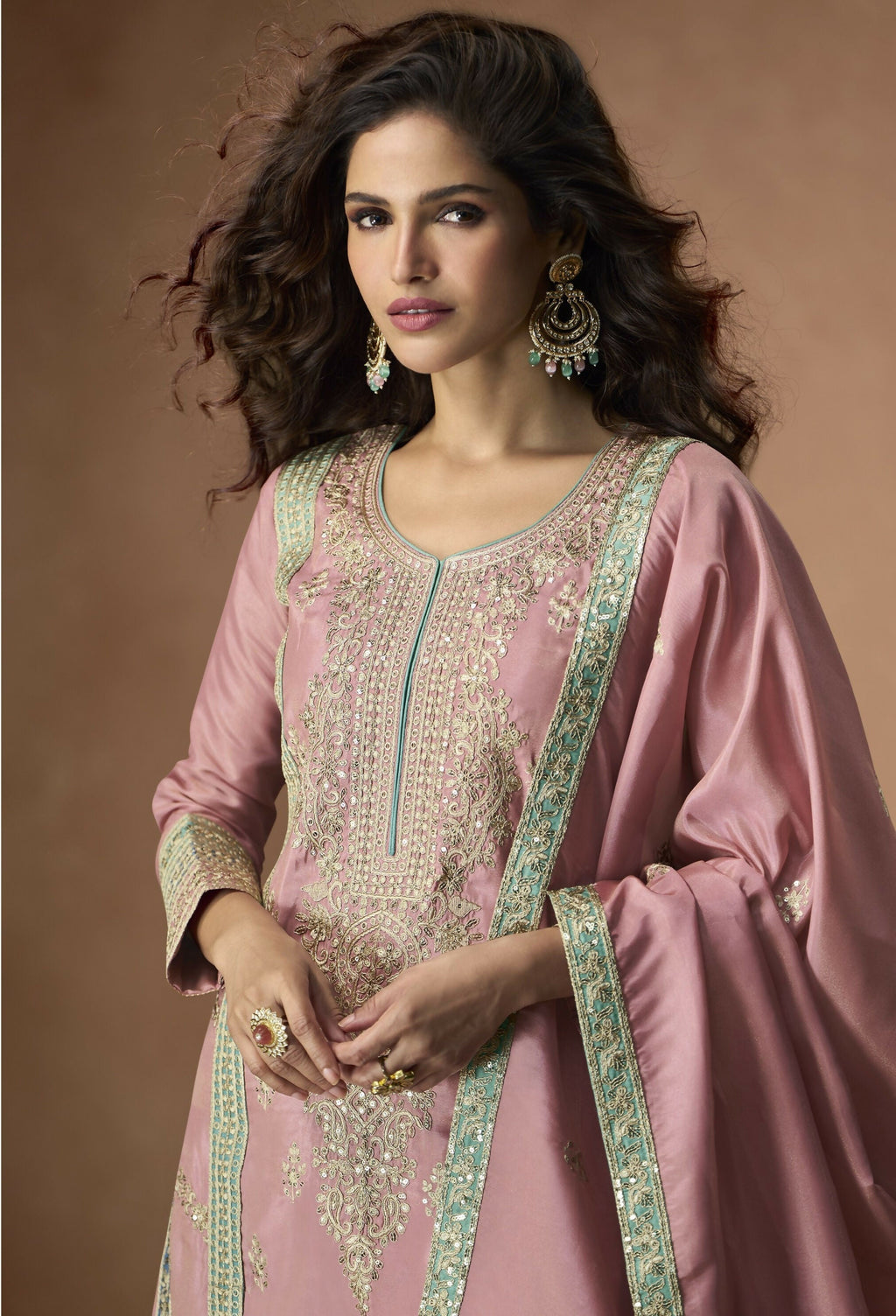 Anaita Pink Chinon Readymade Palazzo Suit with Embroidery Sequence Work