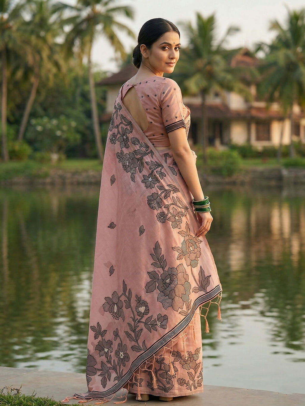 Shree Shyam Fashion Peach Linen Cotton Saree