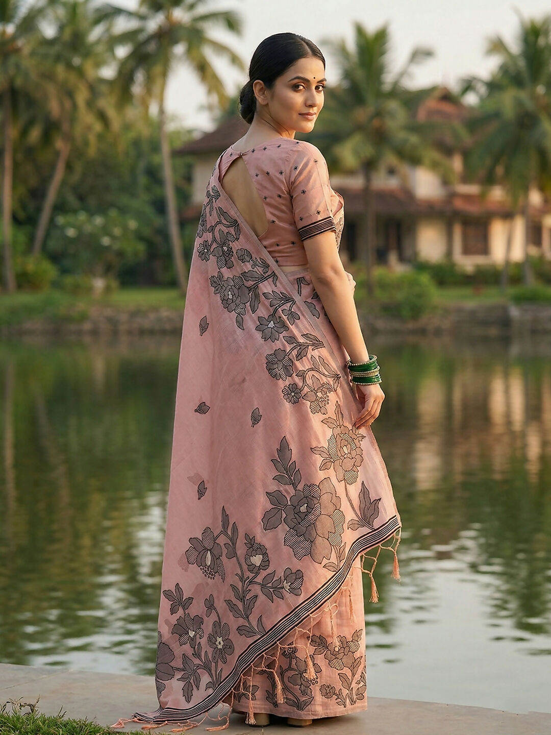 Shree Shyam Fashion Peach Linen Cotton Saree