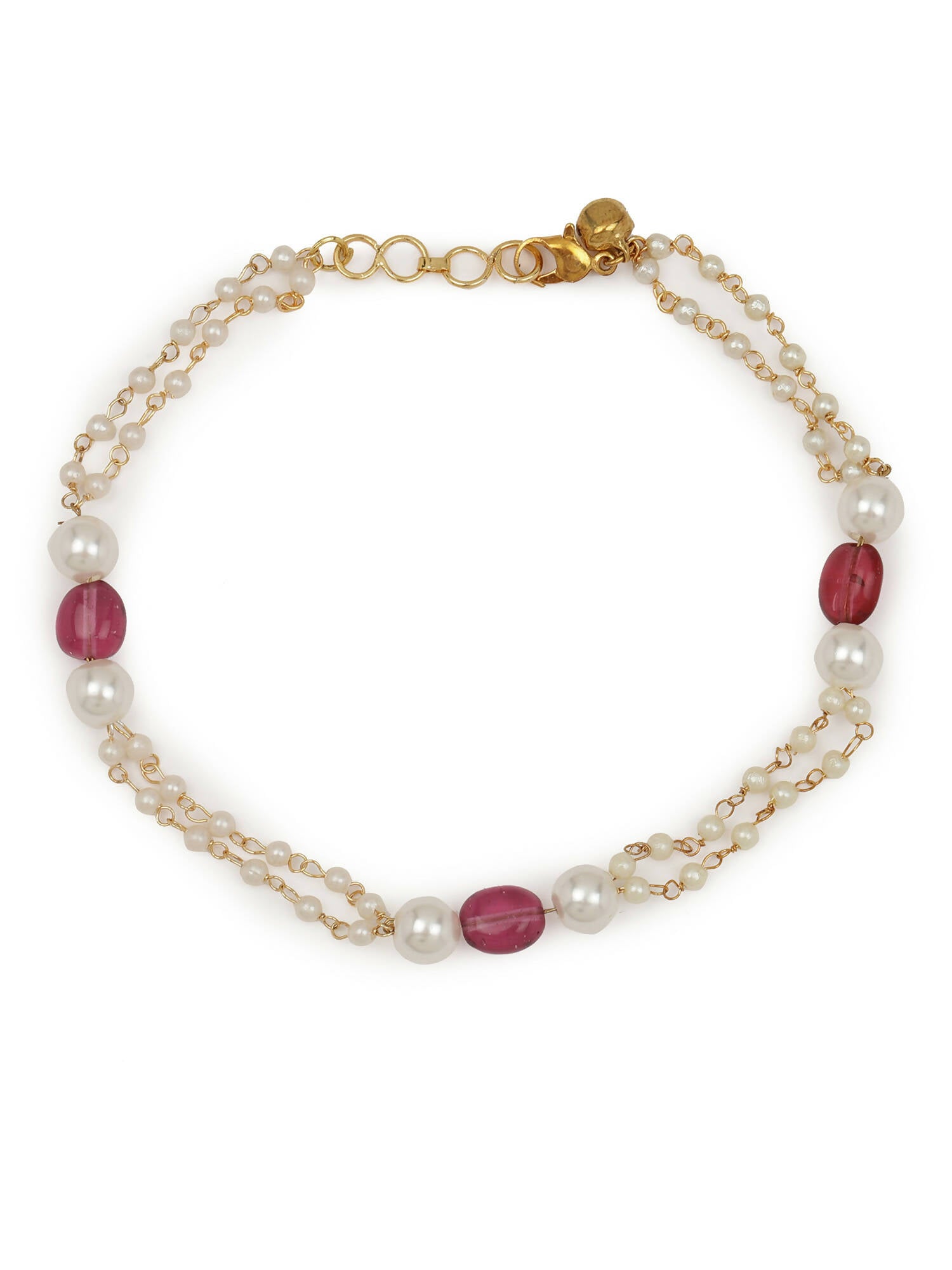 Gold-Polished Pink White Pearl Beaded Anklets Set Of 2 - Ruby Raang