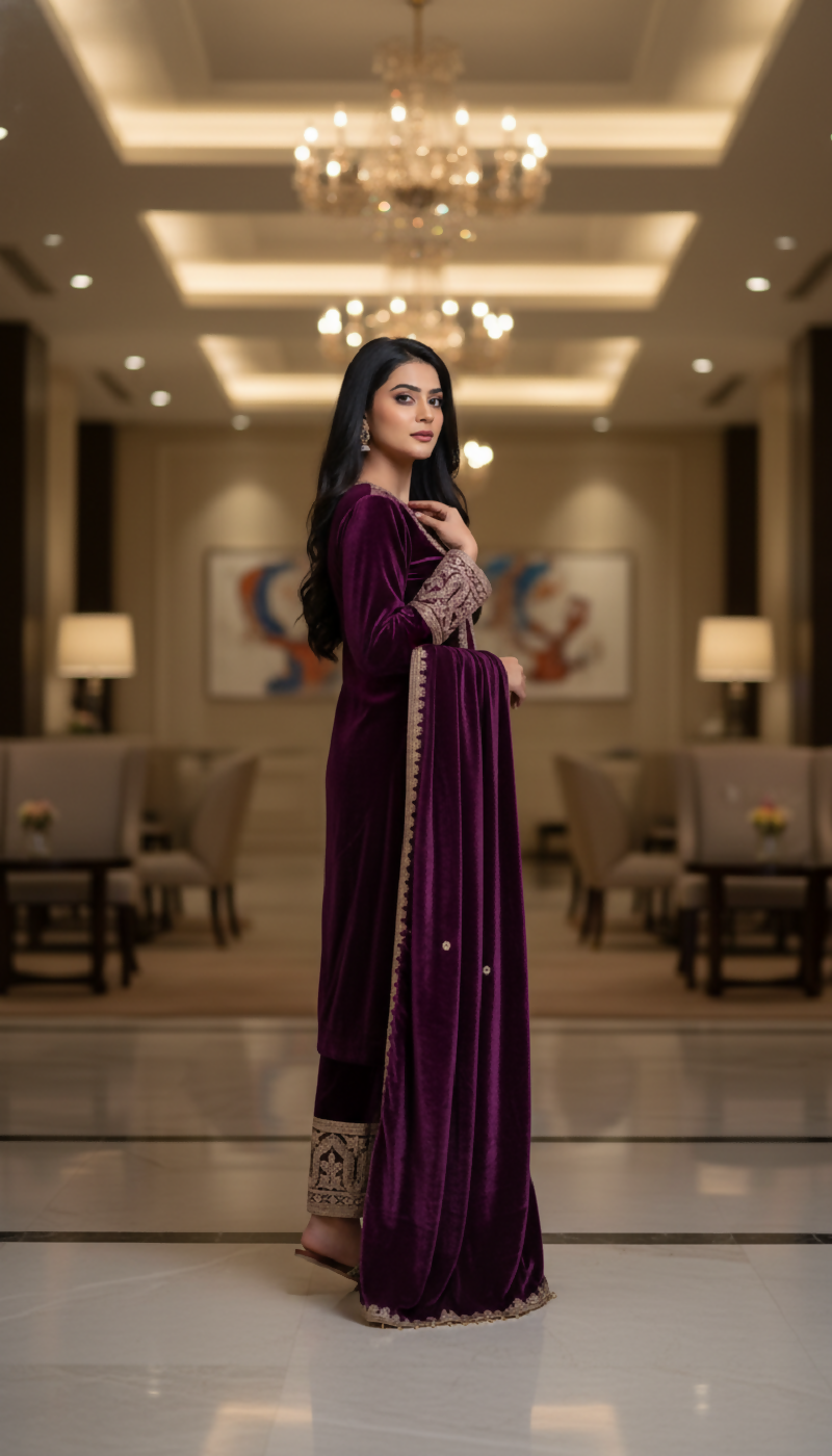 Joban Fashion Purple Kurta Set Velvet Embroidery Sequence Work