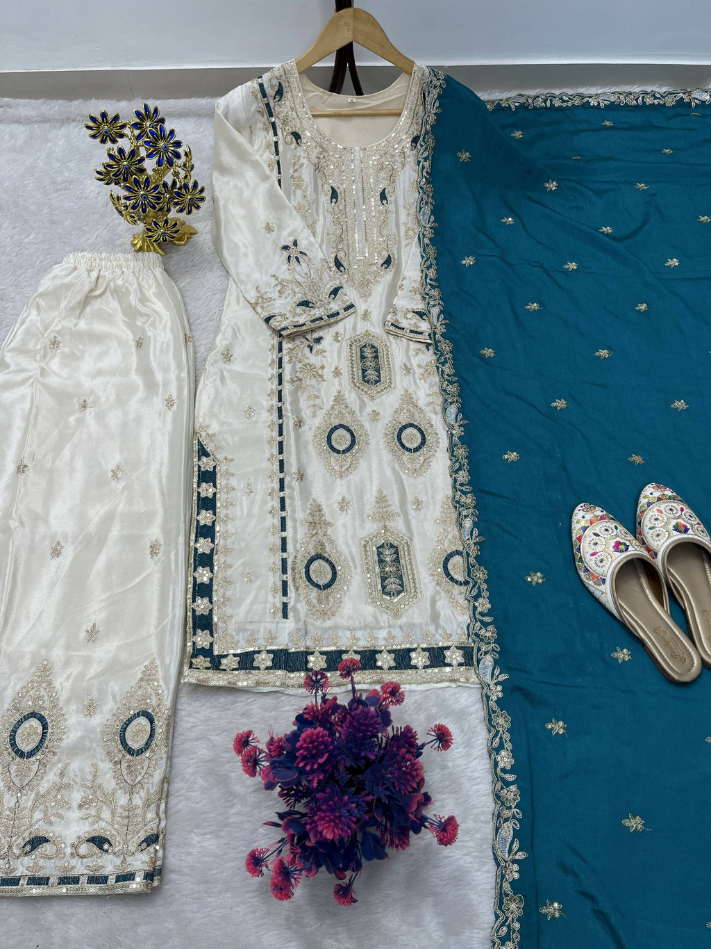 Teeya Creation White Color Chinon Silk Party Wear Trending Palazzo Set