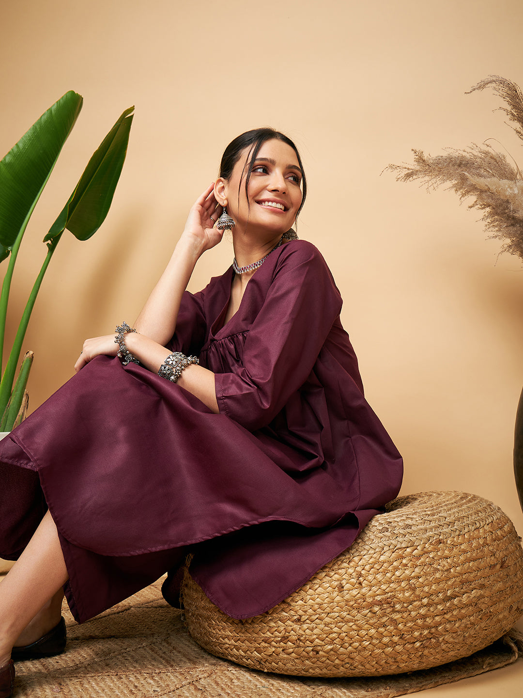 InWeave Women's Wine Solid Flared Kurta Palazzo Set