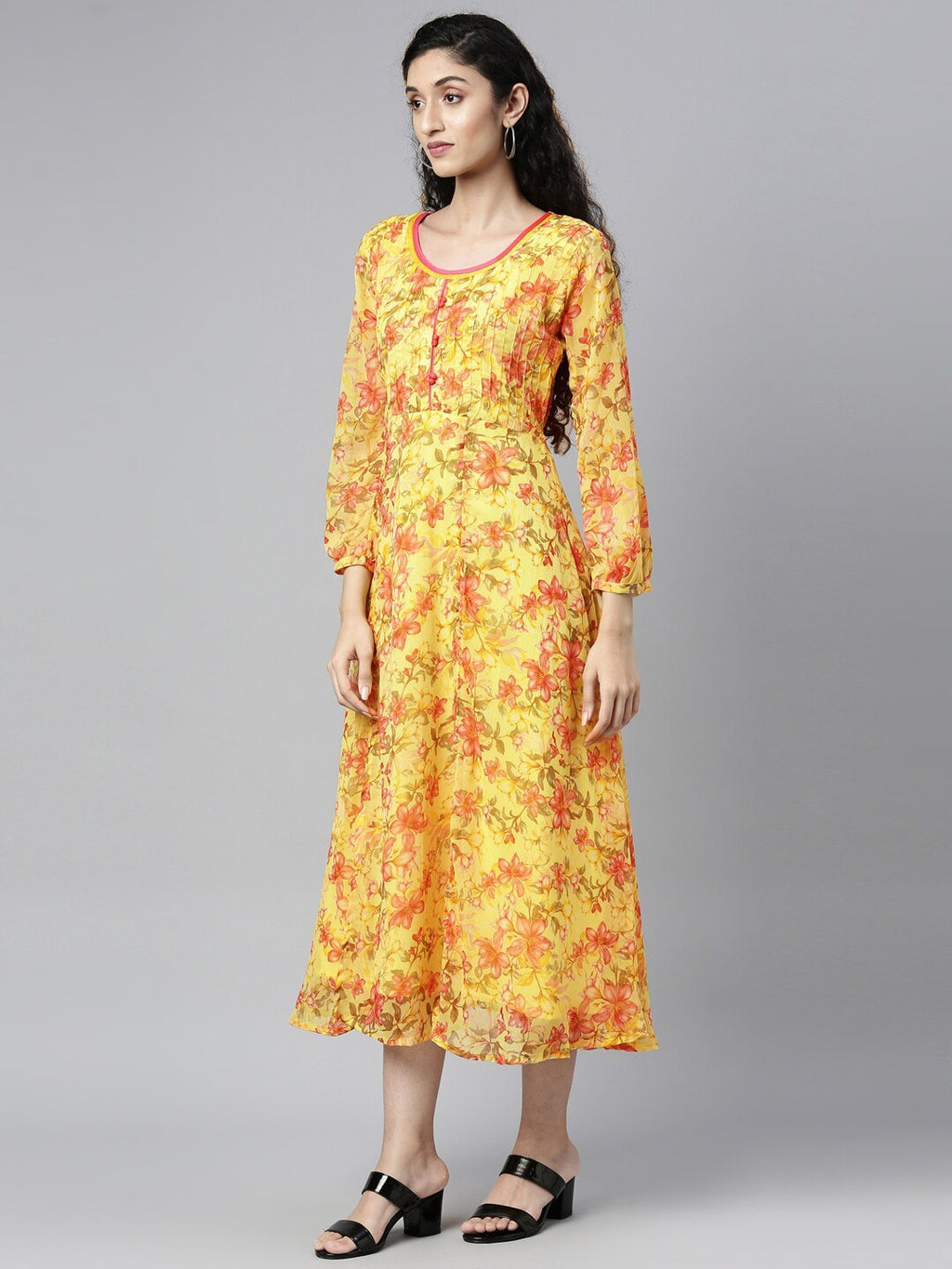 Souchii Yellow Floral Layered Chiffon A-Line Midi Dress