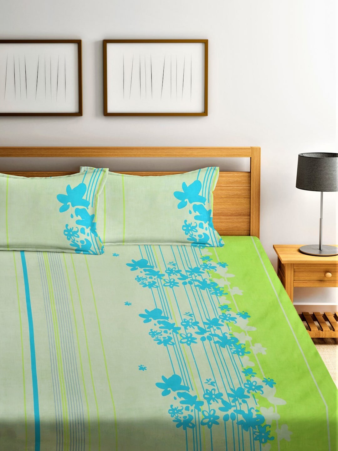 Home Sizzler Green & Blue Floral Cotton 210 TC Queen Bedsheet with 2 Pillow Covers