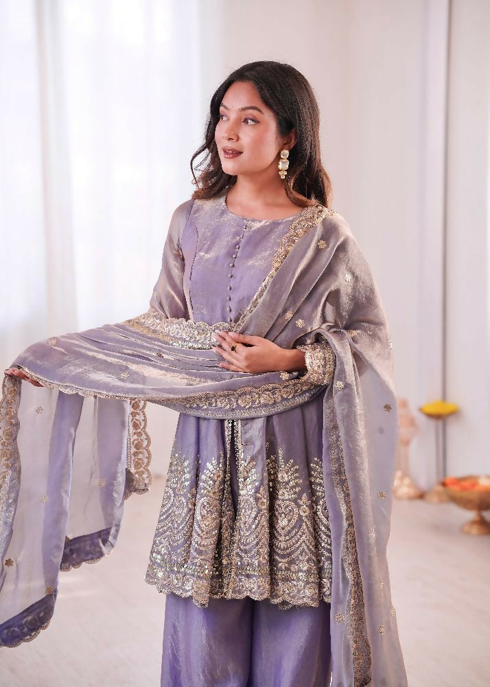 Teeya Creation Lavender Color Fendy Satin Silk Embroidery Work Party Wear Salwar Suit