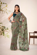 Vastranavya Mehendi Lurex Brasso Floral Printed Saree with Unstitched Blouse
