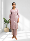 Joban Fashion Pink Linen Embroidered Readymade Long Kurta With Pant