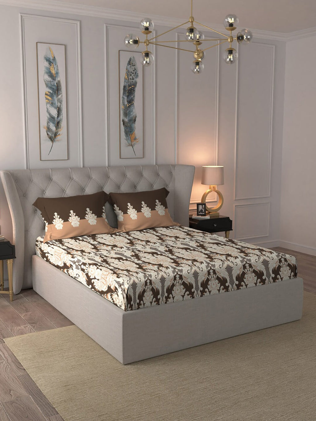 MYTRIDENT Brown White Ethnic Motifs Cotton 144 TC Queen Bedsheet With 2 Pillow Covers