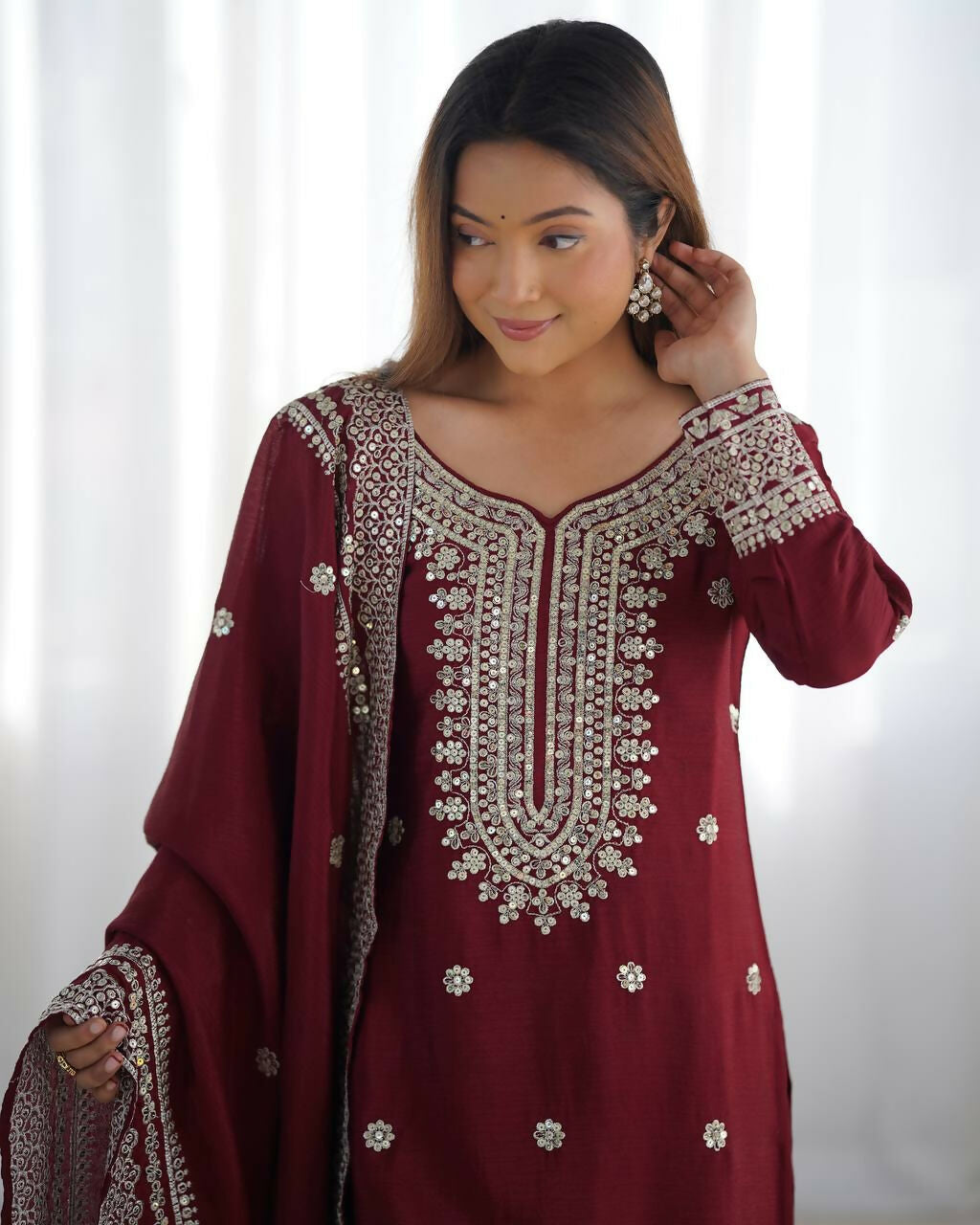 Joban Fashion Maroon Kurta Set Silk Sequins , Zari, Coding & Thread Embroidered work